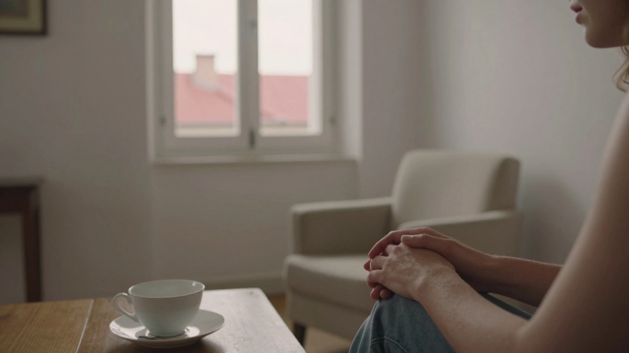 A gentle hand resting on a wrist in a quiet white room, afternoon light through a window, no embellishments, only stillness.