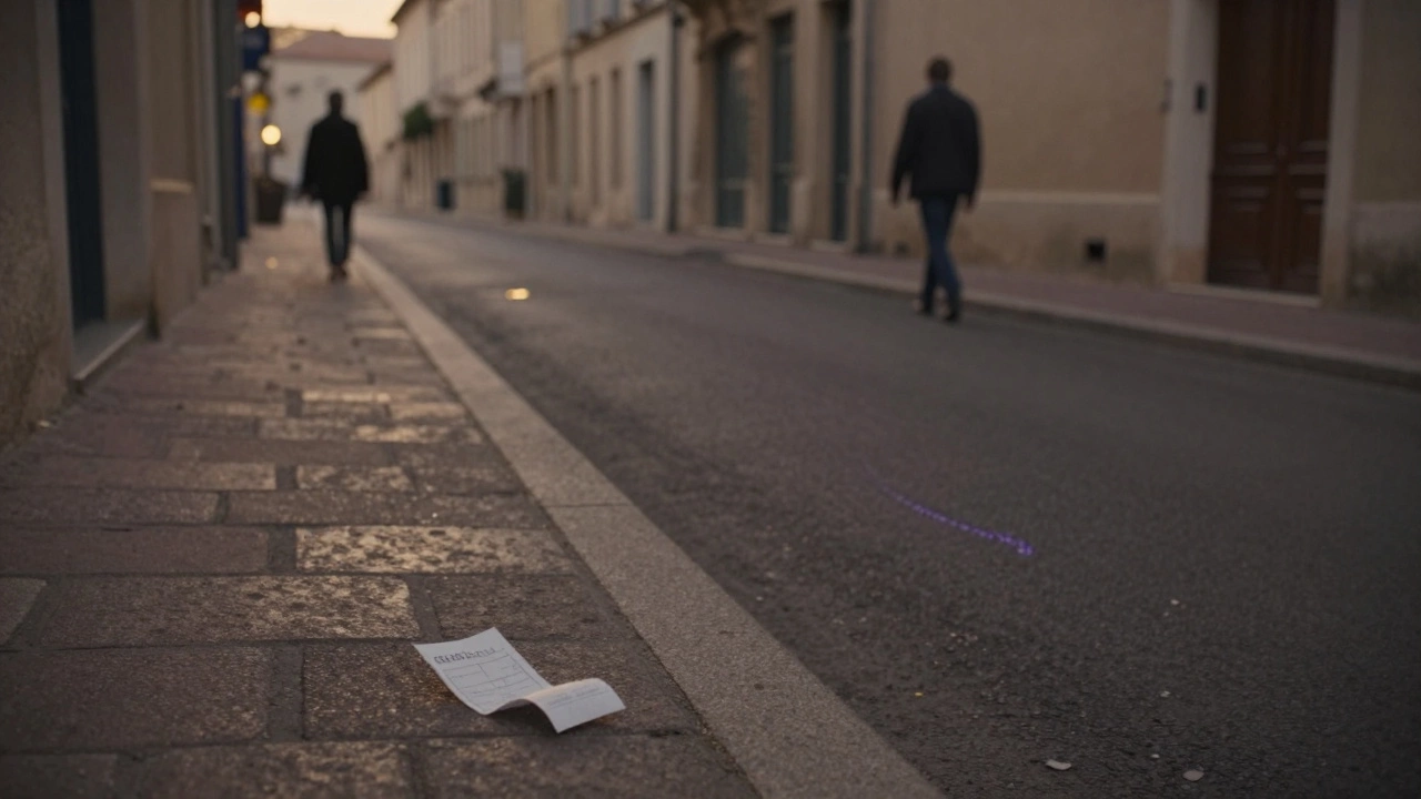 An empty cobblestone street at dusk with a folded receipt on the ground, lavender in the air, no people, only the trace of departure.