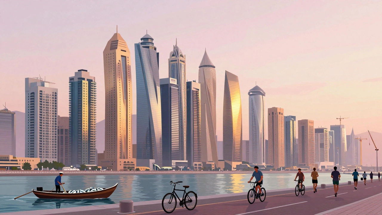 Dubai Marina at dawn with residential towers, a fisherman in a dhow, and joggers on the waterfront promenade.