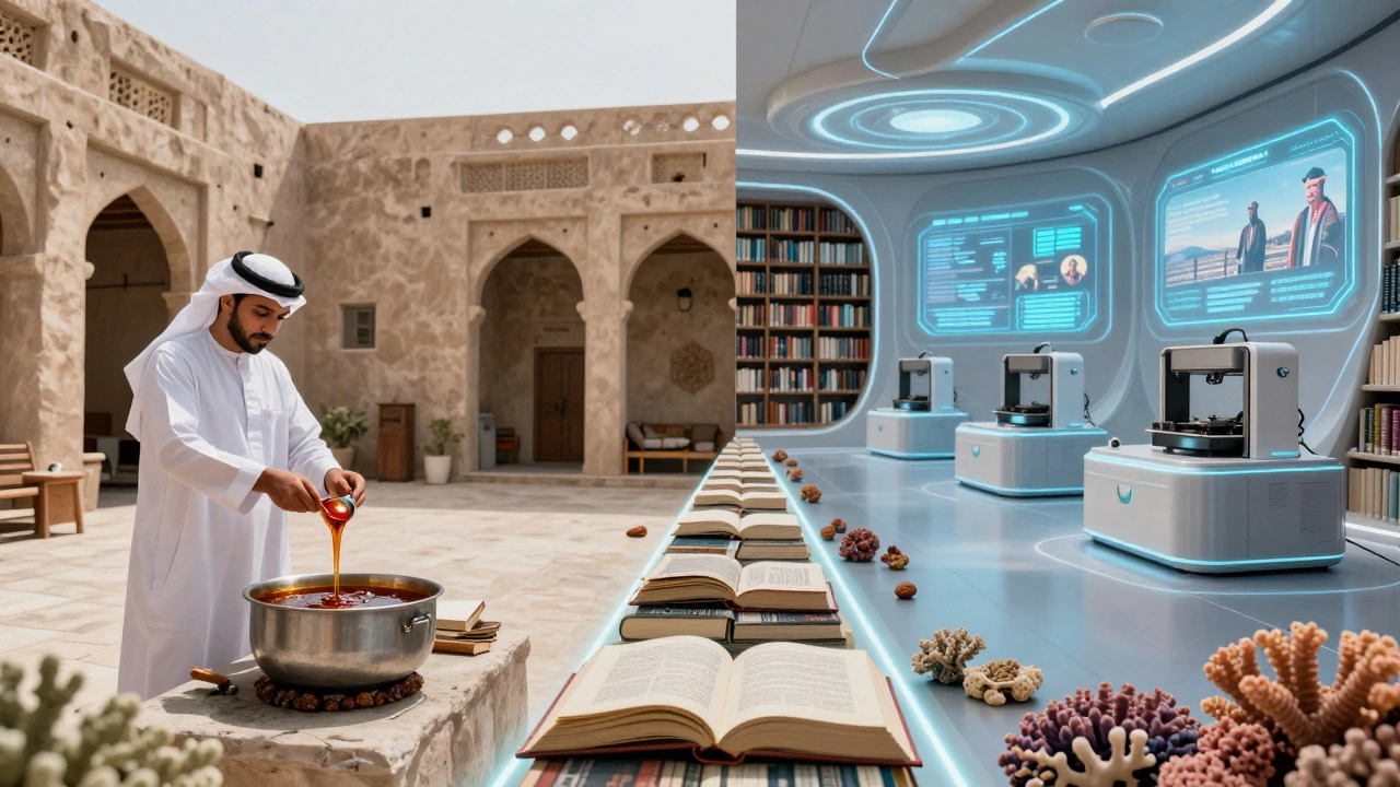 Split image showing traditional date syrup production and a modern library with 3D printers, symbolizing Dubai&#039;s cultural evolution.